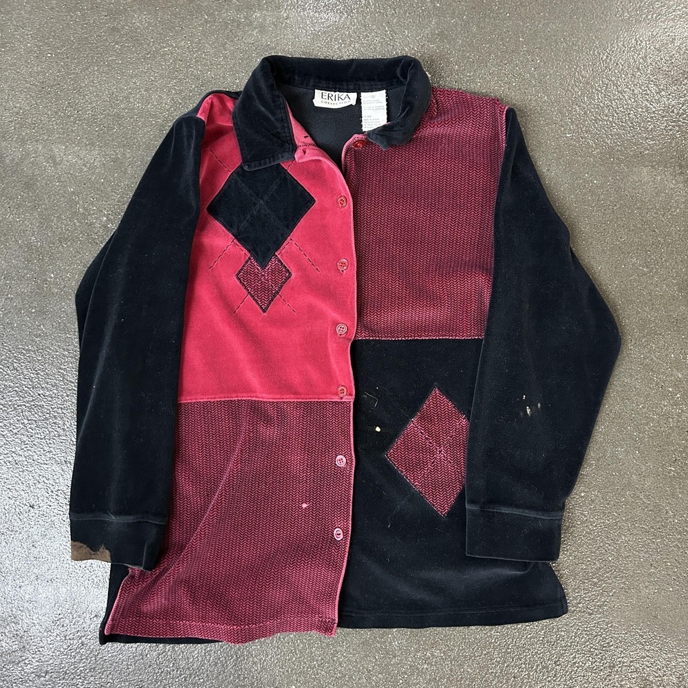 Erika Collection Shirt Womens Small Black Red Patchwork Argyle Button Front